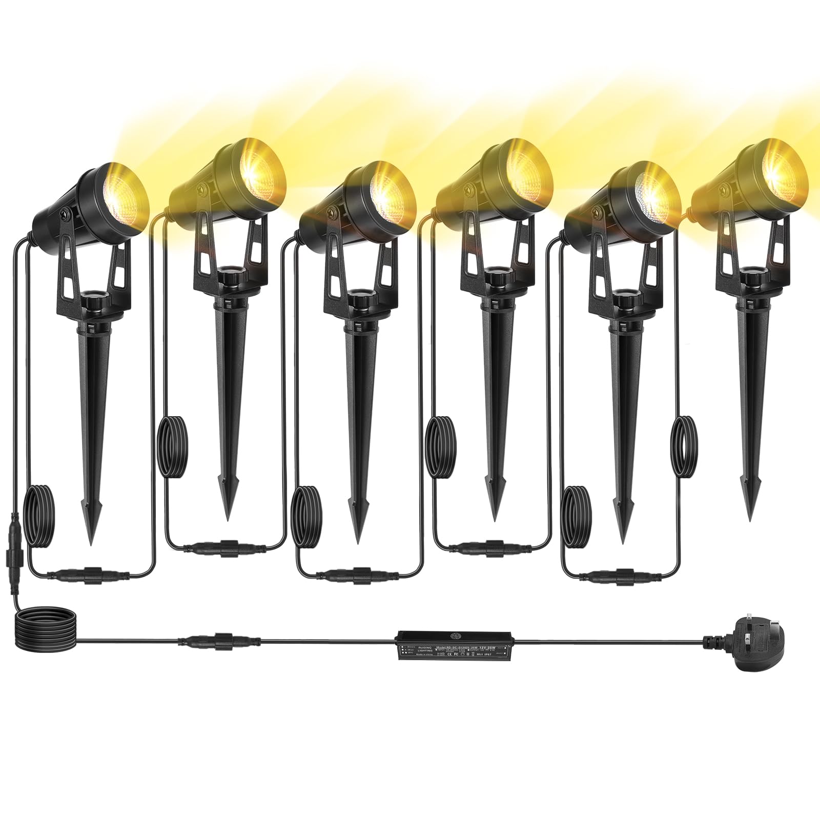 HUAEU Garden Spotlights Mains, 21 M, 6-in-1 Outdoor LED Spotlight, Warm White, 3000 K, 12 V, IP65 Waterproof Garden Uplighter