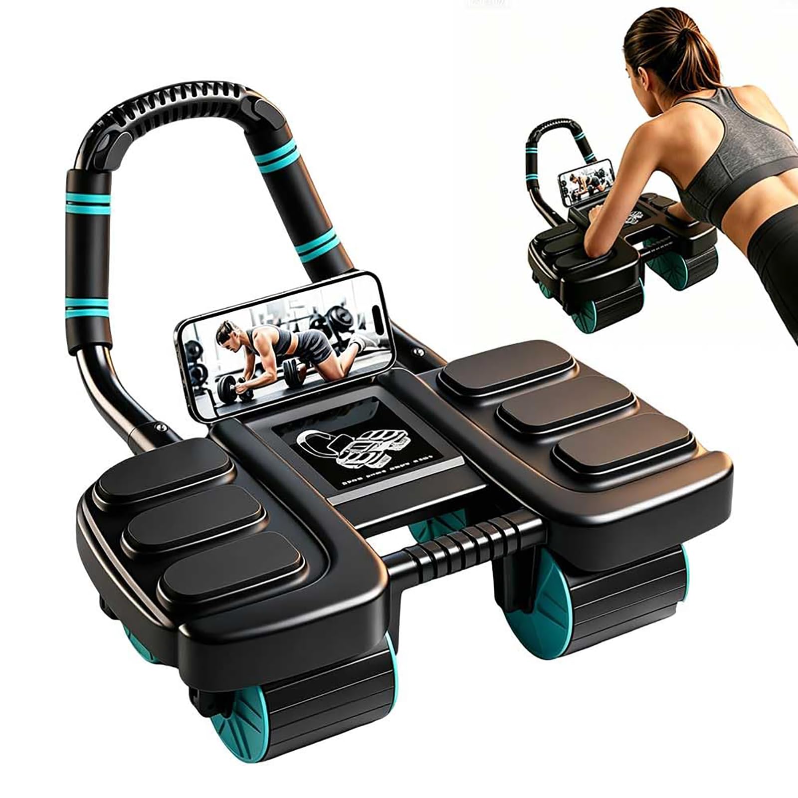 Ruota per esercizi addominali con tappetino per ginocchia, trainer addominale a rimbalzo automatico a 4 ruote per allenamento di base, ruota per addominali antiscivolo, attrezzatura fitness per palest