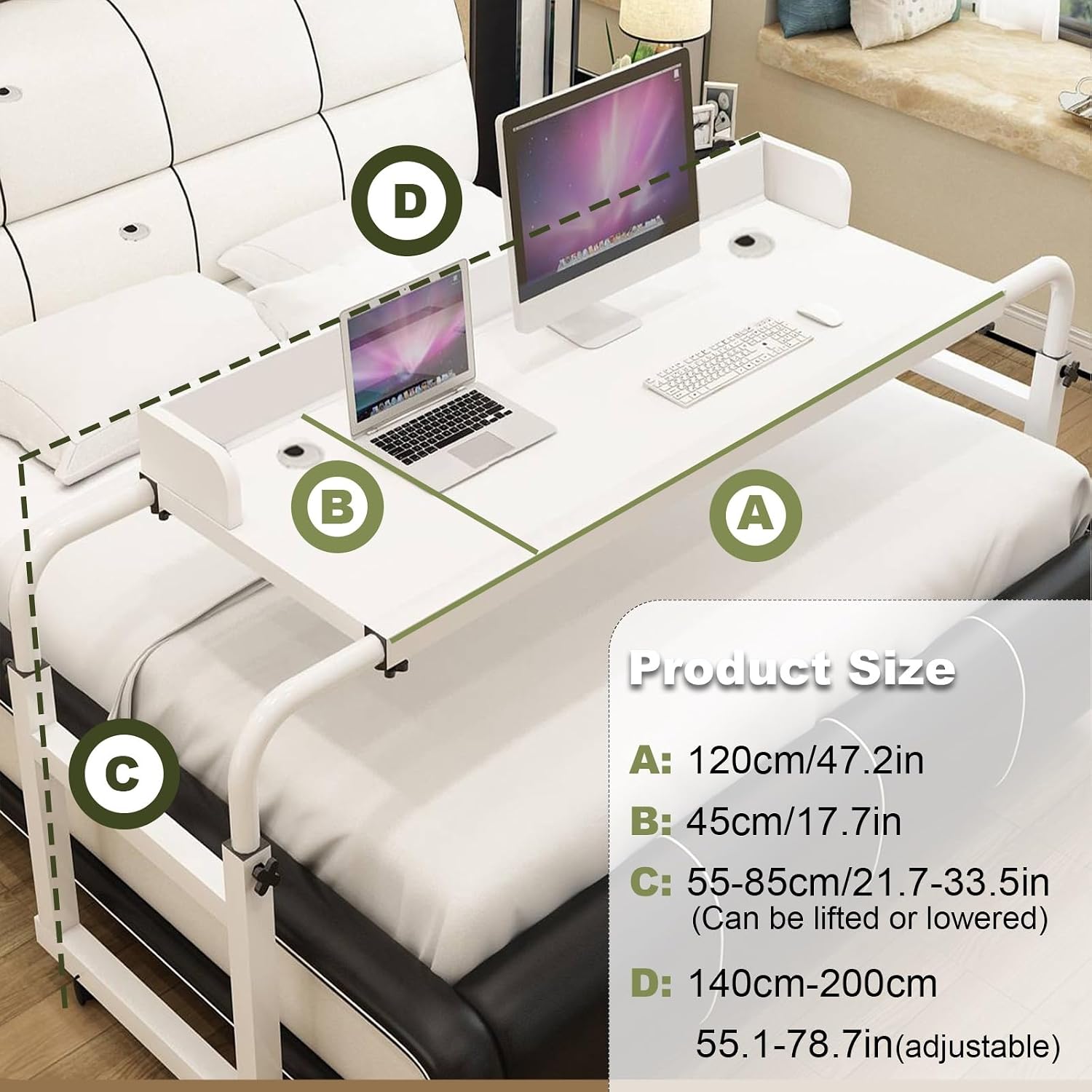 Adjustable Overbed Table with Brakeable Wheels Rolling Laptop Desk Stretchable Multi Functional Height & Width Adjustable Table Versatile Black Design for Home & Office Use