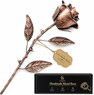 Handmade Copper Metal Rose, 7 Year Anniversary Rose Gift for Her | Gift-ready with a greeting card, silk ribbon and elegant gift box for a meaningful copper anniversary keepsake.