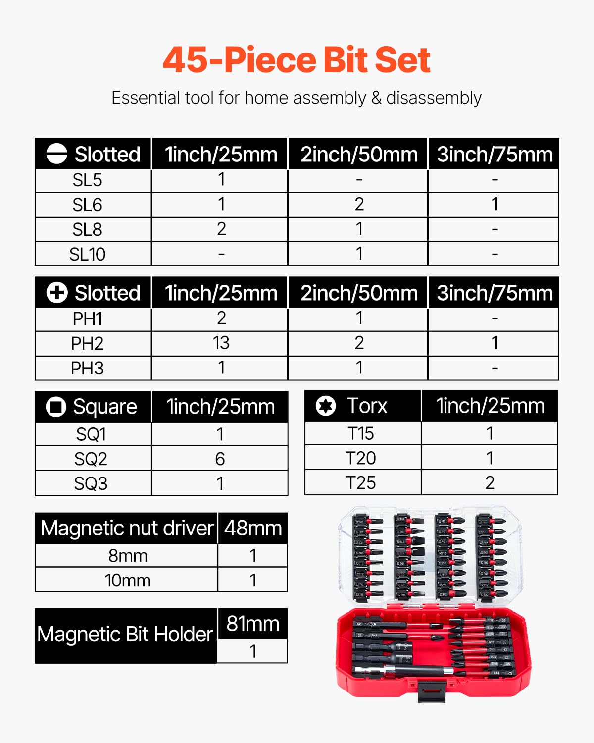 VEVOR Set di punte per cacciavite, 45 pezzi, punte magnetiche Phillips, scanalate, quadrate, Torx Bit, dadi esagonali, asta di prolunga con custodia trasparente, acciaio legato S2 ad alta resistenza