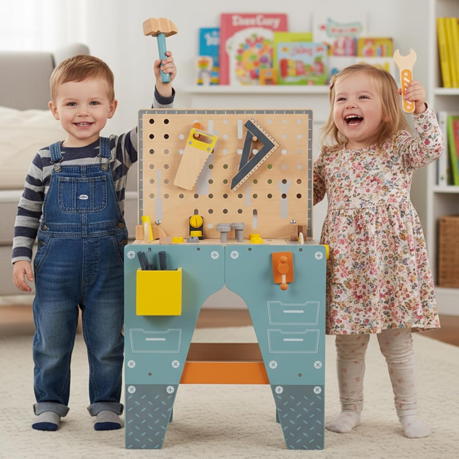 Wooden Tool Bench for Kids Toddlers, Pretend Play Workbench Set Workshop Workbench Construction Toys Gift for 3 4 5 Years Old Girls & Boys