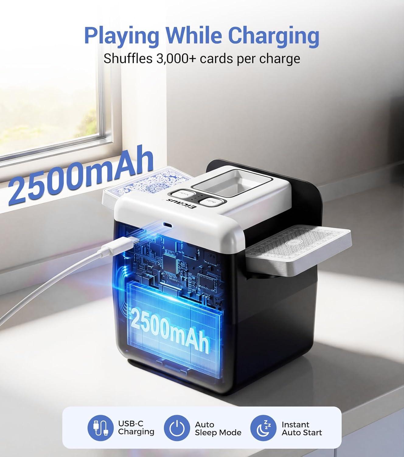 Eicaus Automatic Card Shuffler 1-4 Deck - Rechargeable 2500mAh Electric Card Shuffling Machine for Seniors & Family Game Night - Portable & Fast Shuffler for UNO, Poker, Blackjack, Phase 10 & Skip-Bo