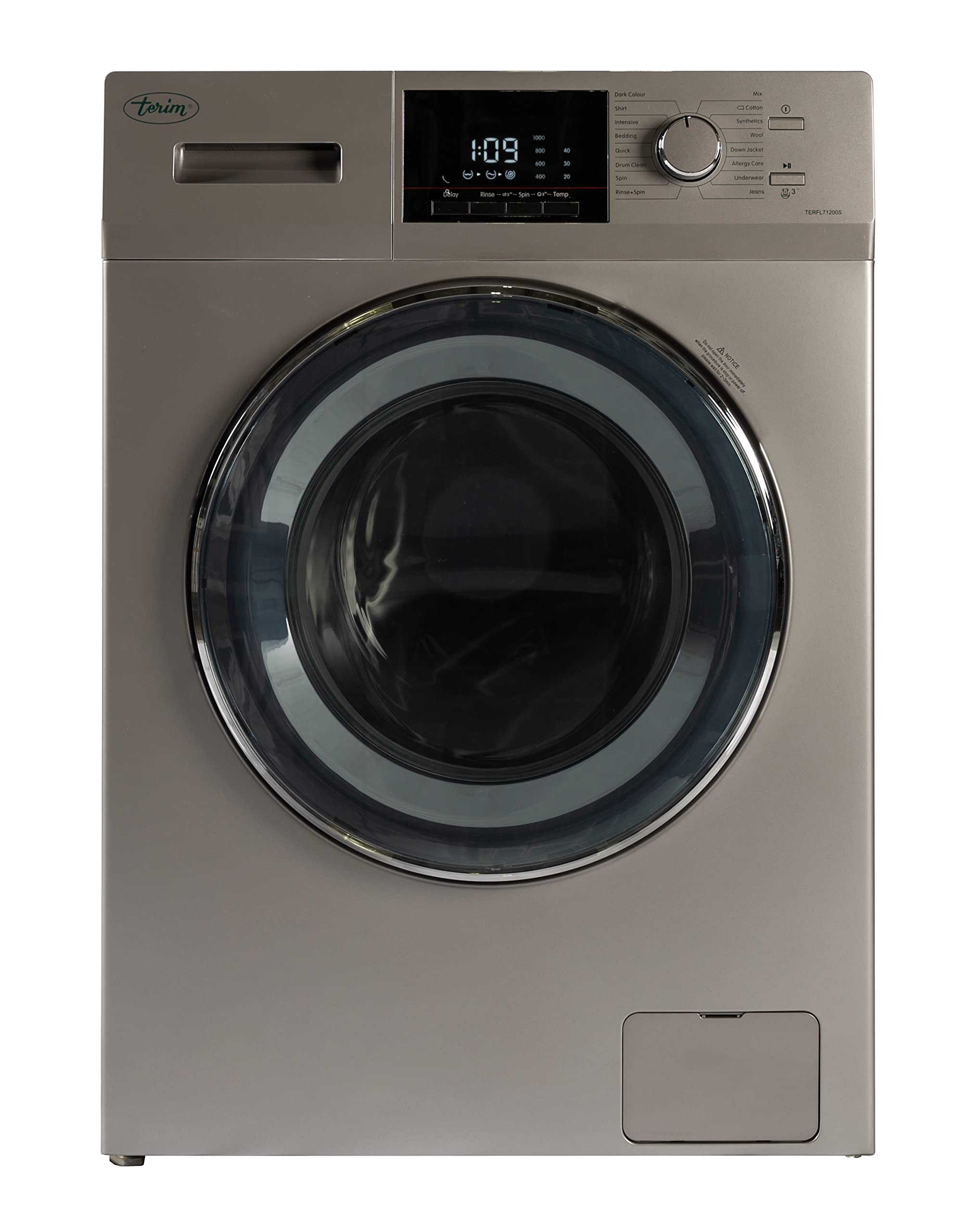 Terim7kg Front Load Fully Automatic Washing Machine TERFL71200S1, 1200 RPM, 16 Programs, LED Display, A+++ Energy Rating, Chrome Door, Silver