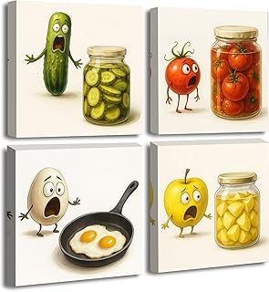 Visario Leinwandbilder Küche lustig 60x60 cm 4-teilig je 30x30 cm 6618 - Witzige Küchenbilder Gurke Tomate Ei Apfel Cartoon Wandbilder Esszimmer Wohnzimmer - Leinwand auf Holzrahmen Wanddeko modern
