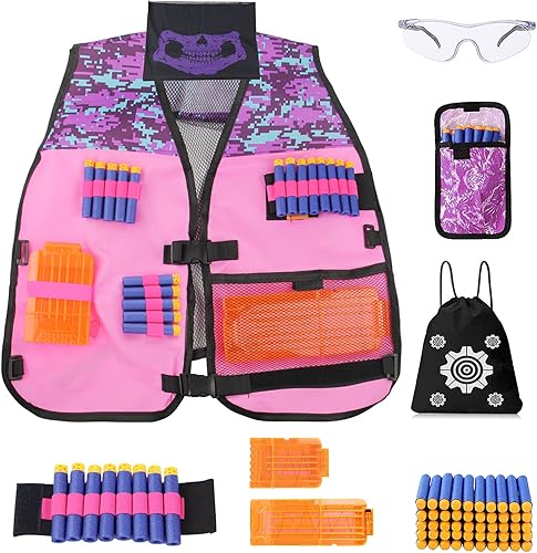 Kits de chaleco táctico para niñas Nerf Guns N-Strike Elite Series con bolsa de dardos de repuesto, equipo de protección de máscara para juegos de