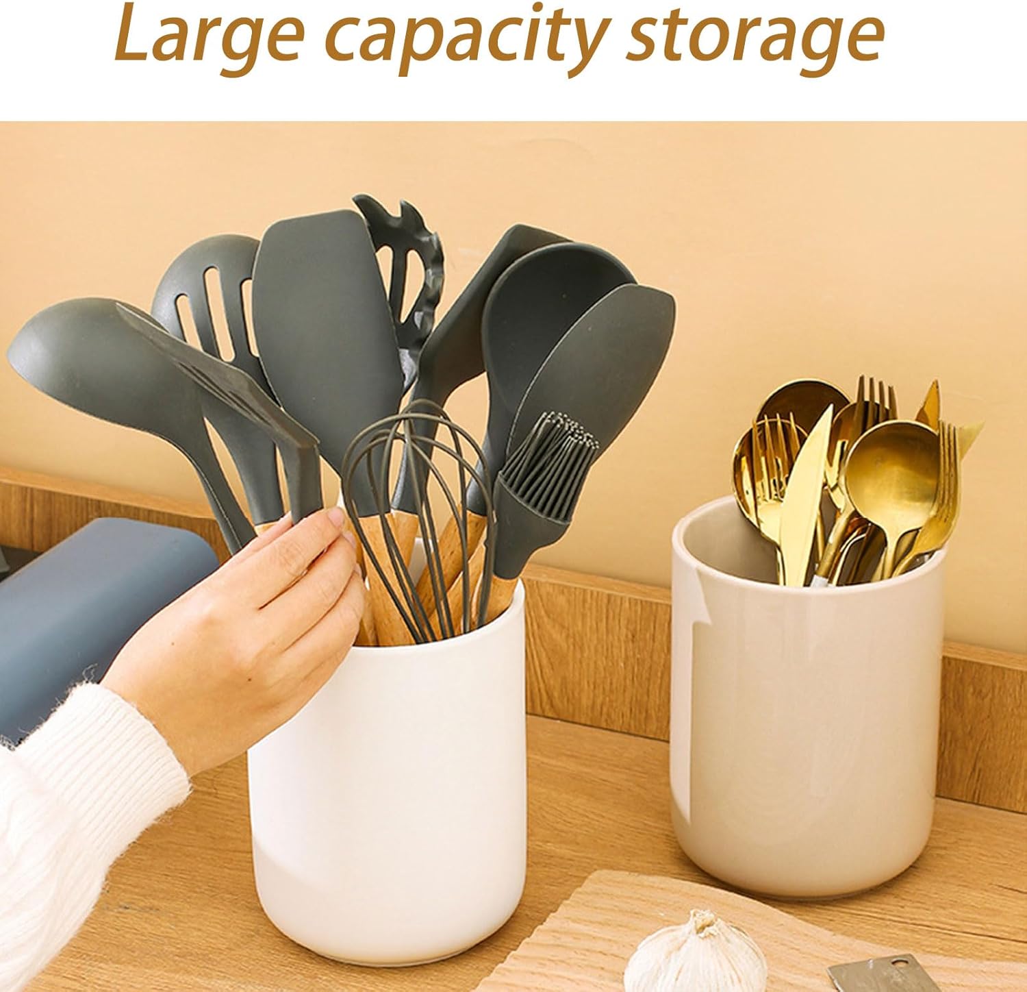 Dxcaicc Kitchen Utensil Holder, Large Cooking Utensil Holder for Kitchen Counter,Multifunctional Utensil Crock for Farmhouse,Rustic Home Table Decor,Beige