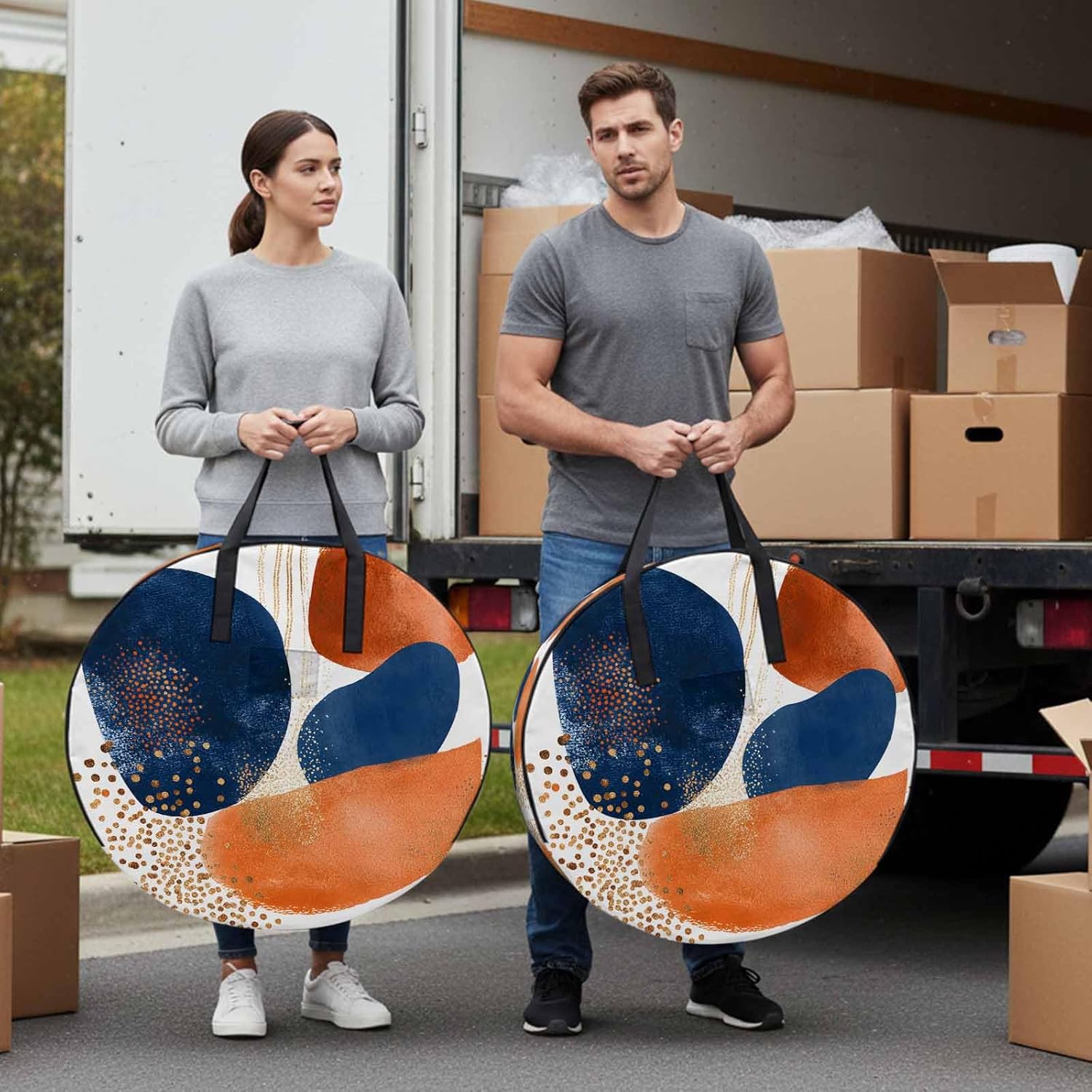 Abstract Graffiti Round Storage Bag 36 Inch, Vintage Orange Blue Dot round Shape Clothes Storage Container with Handles Heavy Duty Organizer for Comforter, Bedding & Holiday Wreaths