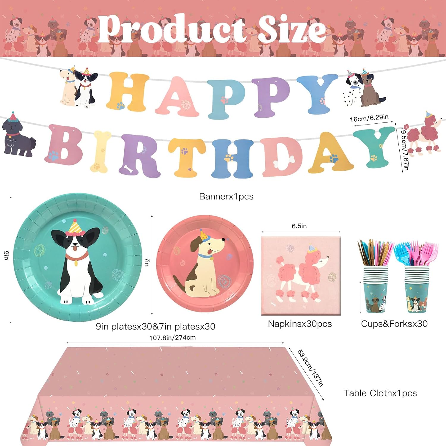 182Pcs Pet Dog Birthday Party Decorations,Retro Puppy Themed Paper Plates Napkins Disposable Pet Dog Tableware Supplies,for Baby Shower Kids Birthday Party Favor,Serve 30 Guests