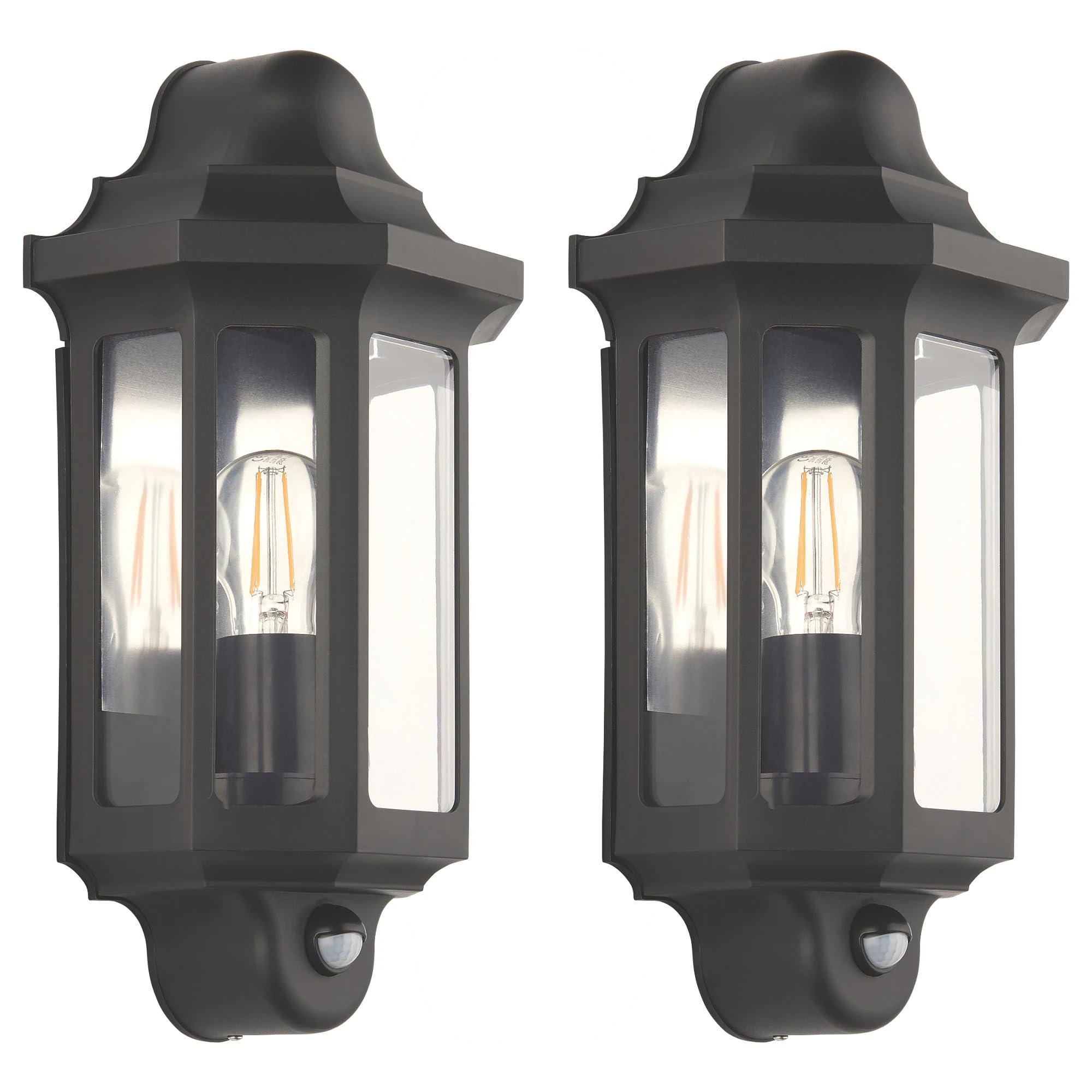 Bamboo Panda 2 x Half Lantern Wall Light Traditional Outdoor 15W LED E27 GLS IP44 Matt Garden Lamp (Black, with PIR)