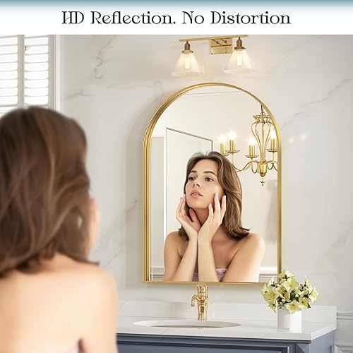 Miniatura 4 de Mestikits Espejo de arco dorado de 24 x 36 pulgadas para baño, espejo de pared arqueado, espejo de tocador, marco de metal dorado, espejos arqueados