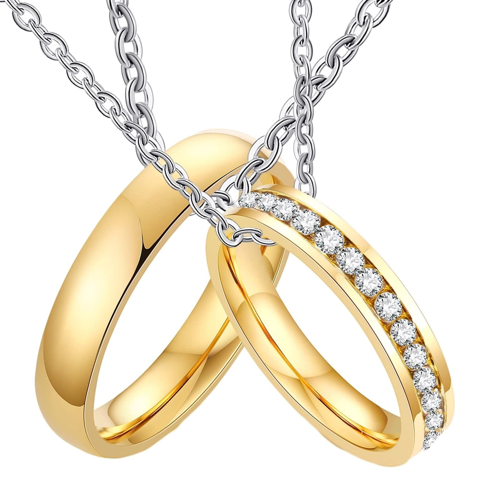 Collar de promesa de pareja, collares para mujer, collar de pareja de acero inoxidable plateado de 4 mm, anillo de oro con circonita, regalo de San Valentín para él