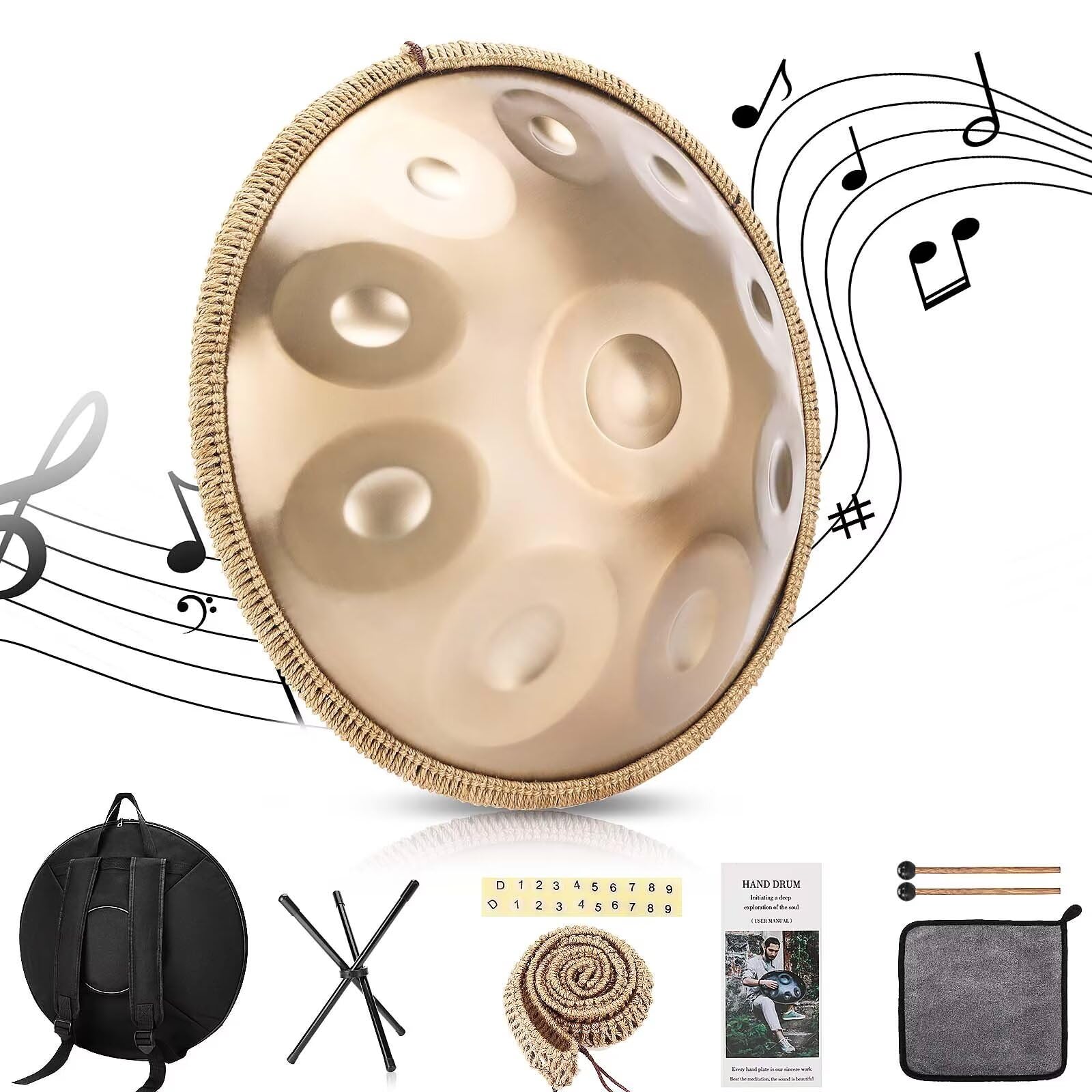 Handpan 22 Pulgadas 9/10 Notas Tambor de Acero, 432/440 Hz Re Menor Percusión de Tambor Golden Handpan para Sanación con Sonido, Yoga (10 Notas-440Hz)
