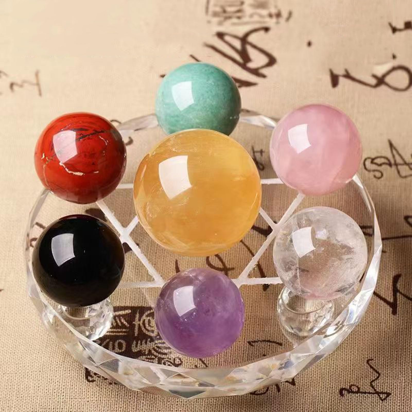 Figurina di Gruppo di Chakra a Sette Stelle, Statua di Sfere di Cristallo di Quarzo Reiki con Supporto in Cristallo di Vetro Trasparente per la Decorazione Domestica,4.72IN