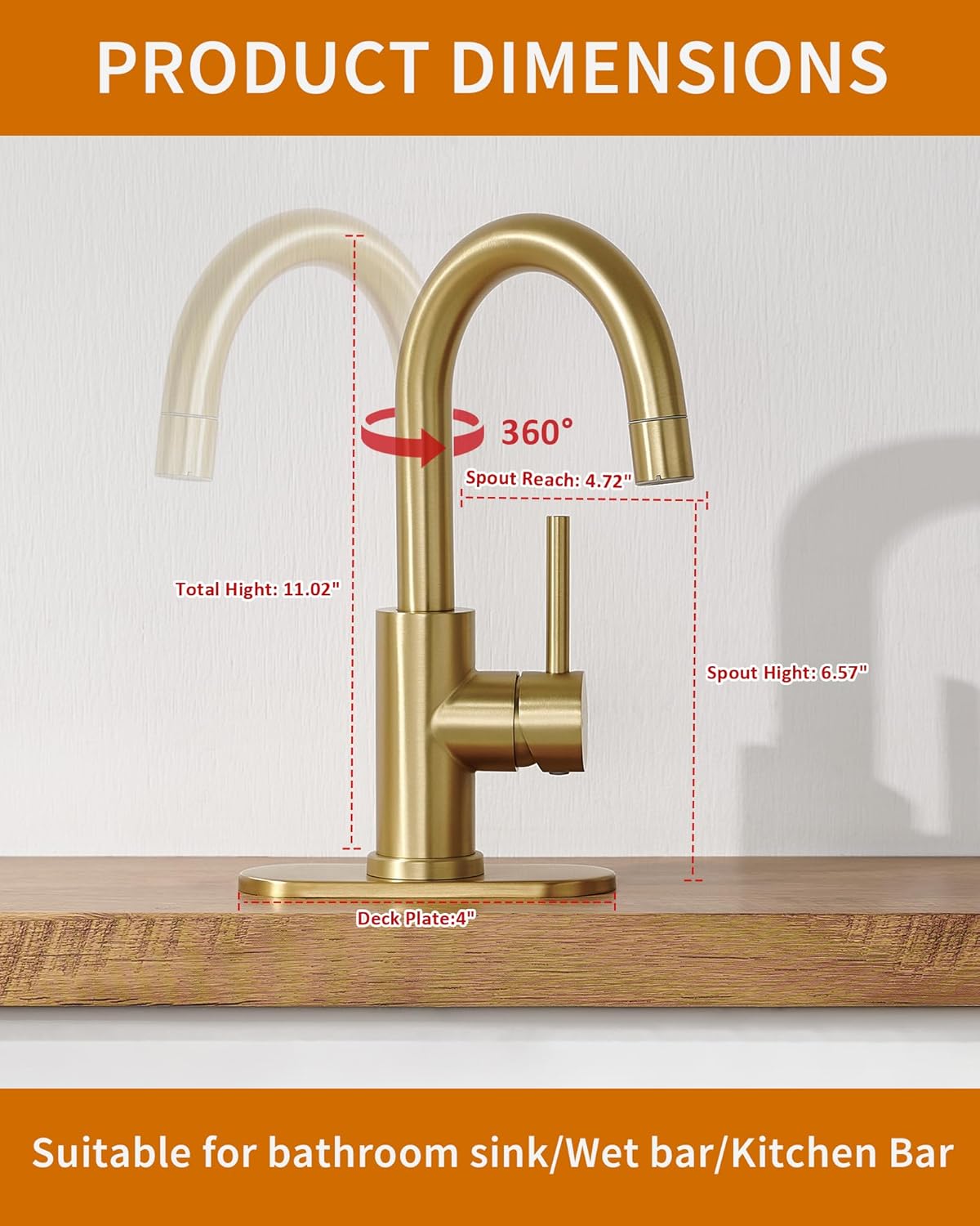 Tohlar Gold Bathroom Faucet, Brushed Gold Wet Bar/Pre-Kitchen Faucet for Sink 1 or 3 Hole, Bathroom Sink Faucet with Deck Plate and Sprayer, Single Handle Bar Sink Faucet with Pop Up Drain