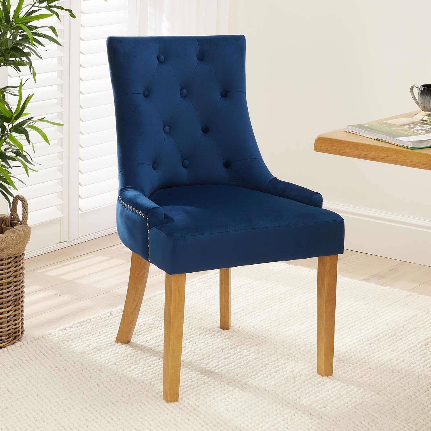The Furniture Market Luxury Deep Blue Velvet Scoop Back Dining Chair | Button Quilted Upholstery | Stud Detailing | Sprung & Webbed Seat | H 920 x W 560 x D 610mm