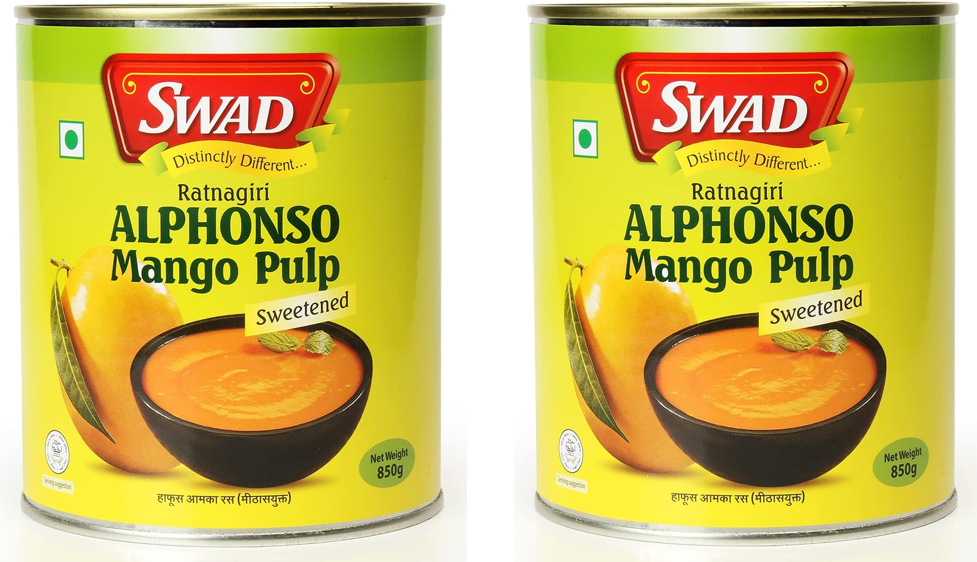 SWAD Ratnagiri Alphanso Pure Mango Pulp/Aamras Tin with No Added Preservative Sweetened-850g, Pack of 2