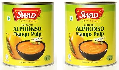 SWAD Ratnagiri Alphanso Pure Mango Pulp/Aamras Tin with No Added Preservative Sweetened-850g, Pack of 2