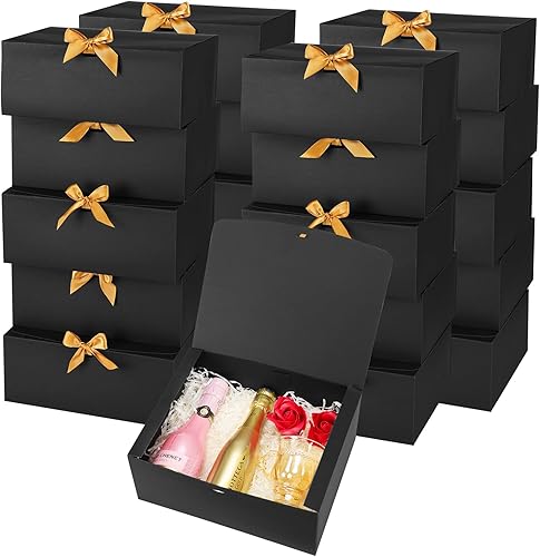 Moretoes Paquete de 20 cajas de regalo con tapas para regalos, caja negra de propuesta de dama de honor de 10 x 8 x 4 pulgadas con cinta, cajas de