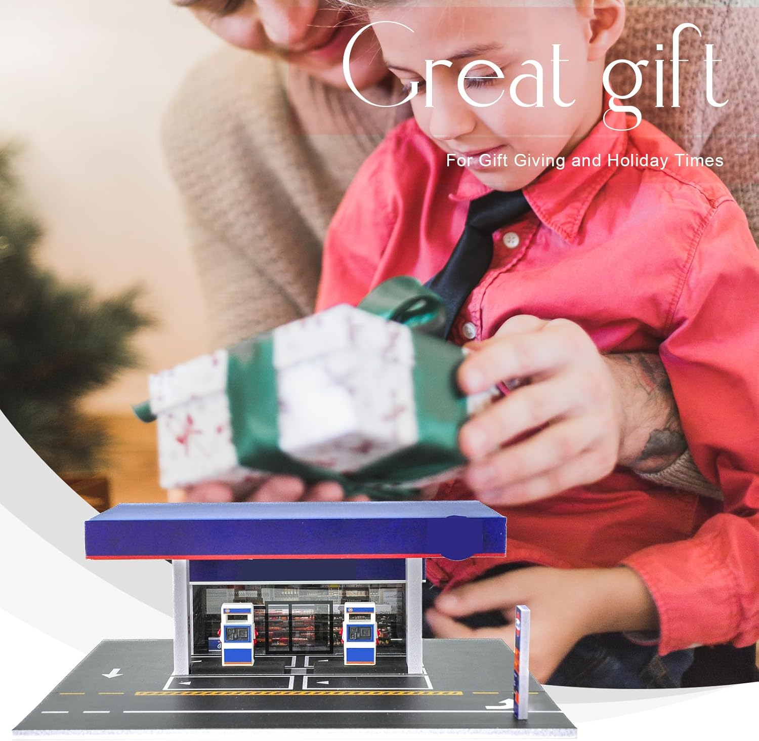 1/64 Scale Display Case Gas Station Scene Car Garage Moldel with LED Light Diecast Car Show Case 6 Parking Spaces Blue