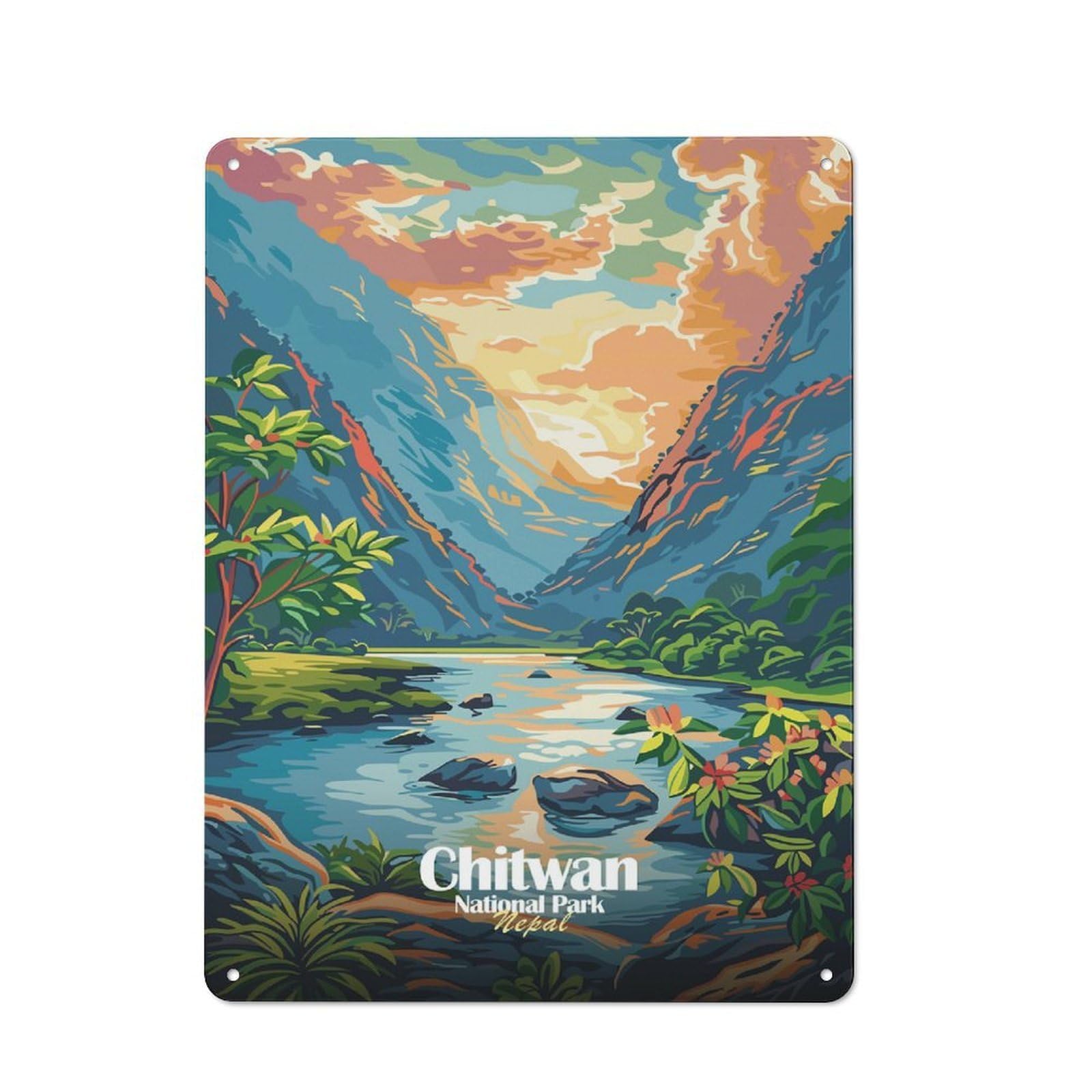 Junmoney Style-6 Chitwan National Park, Nepal Illustration Rustic Metal Wall Sign 40X30cm For Bar Or Restaurant, A Decorative Metal Sign For Bars And Restaurants