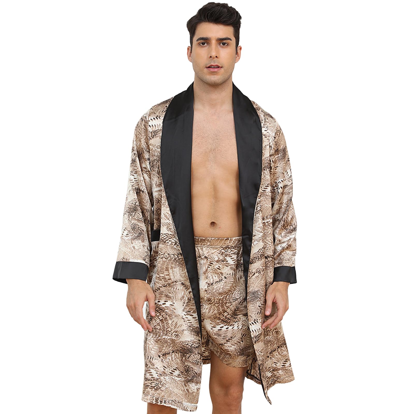 QIYUANT Albornoz Seda Ligero con Pantalones Cortos Hombre Verano Batas de Casa con Bolsillos Kimono Suave Manga Larga Cuello en Forma Bata Baño Pijama
