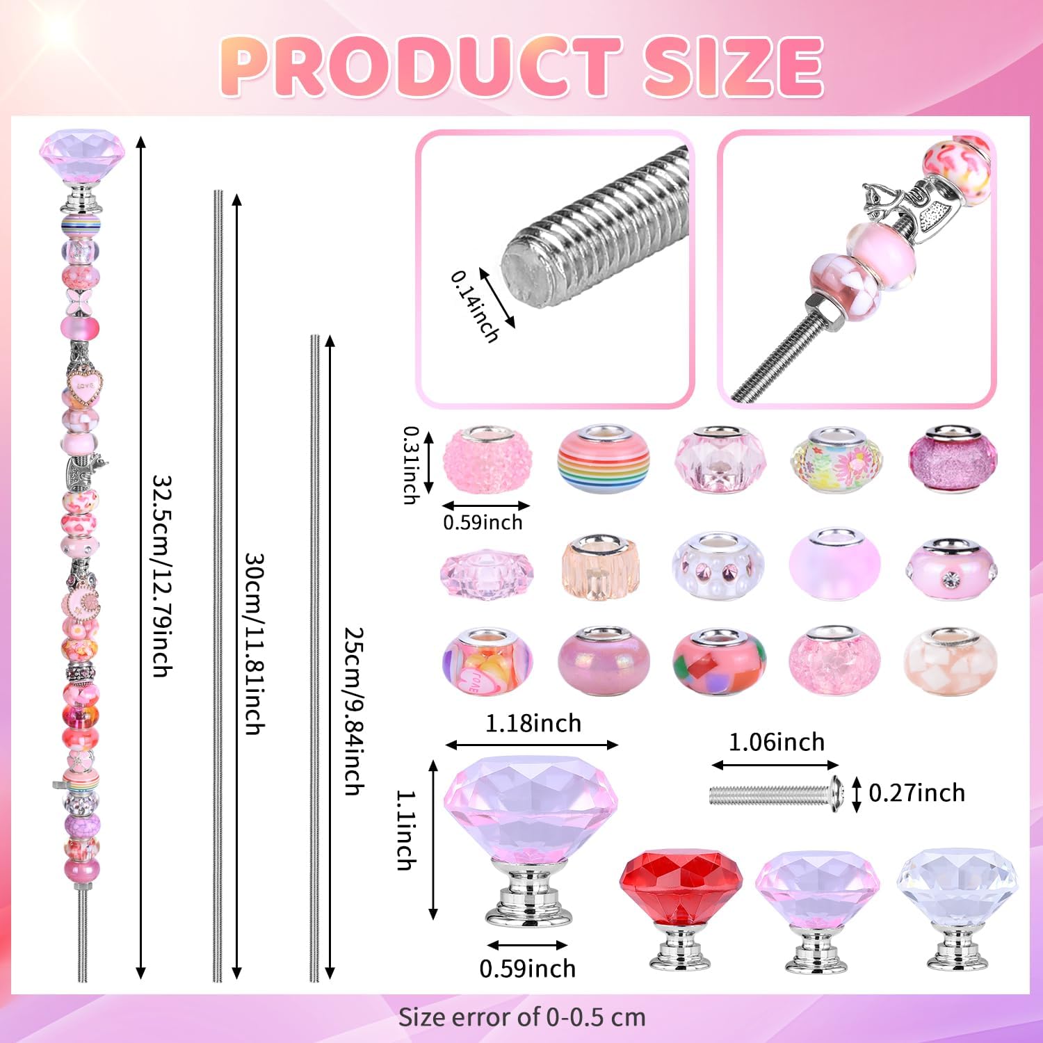 DIY Fairy Wand Garden Beads Stakes Wands Kit,Multiple Color Scheme European Beads Crystal Diamond Tops and 12 or 10 Inch Threaded Rods,Stainless Steel Stakes with Diamond Toppe(Pink+Rose+Red+White) - Image 2