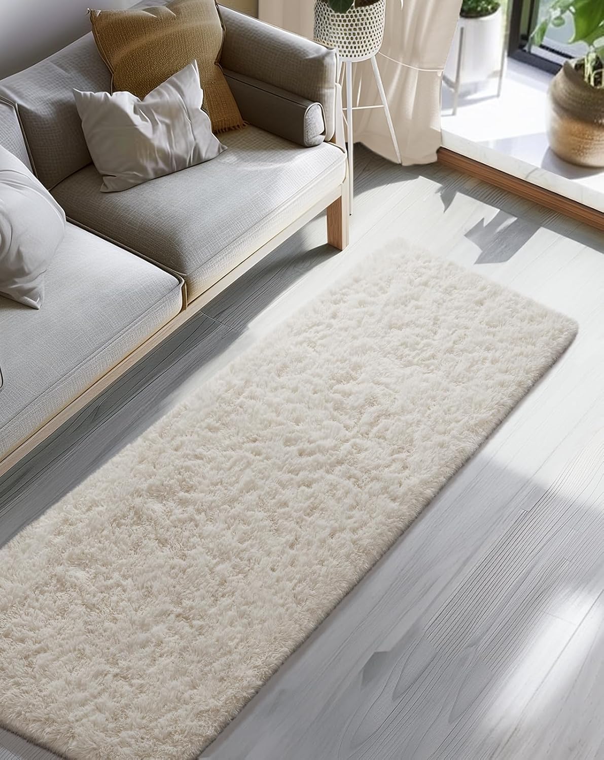 Ophanie 2x8 Runner Rug for Hallway, Upgrade Non-Slip Fluffy Soft Bedside Rugs, Bedroom Living Room Ivory Shaggy Carpet for Kids Girls Boys Dorm Nursery Home Decor Aesthetic