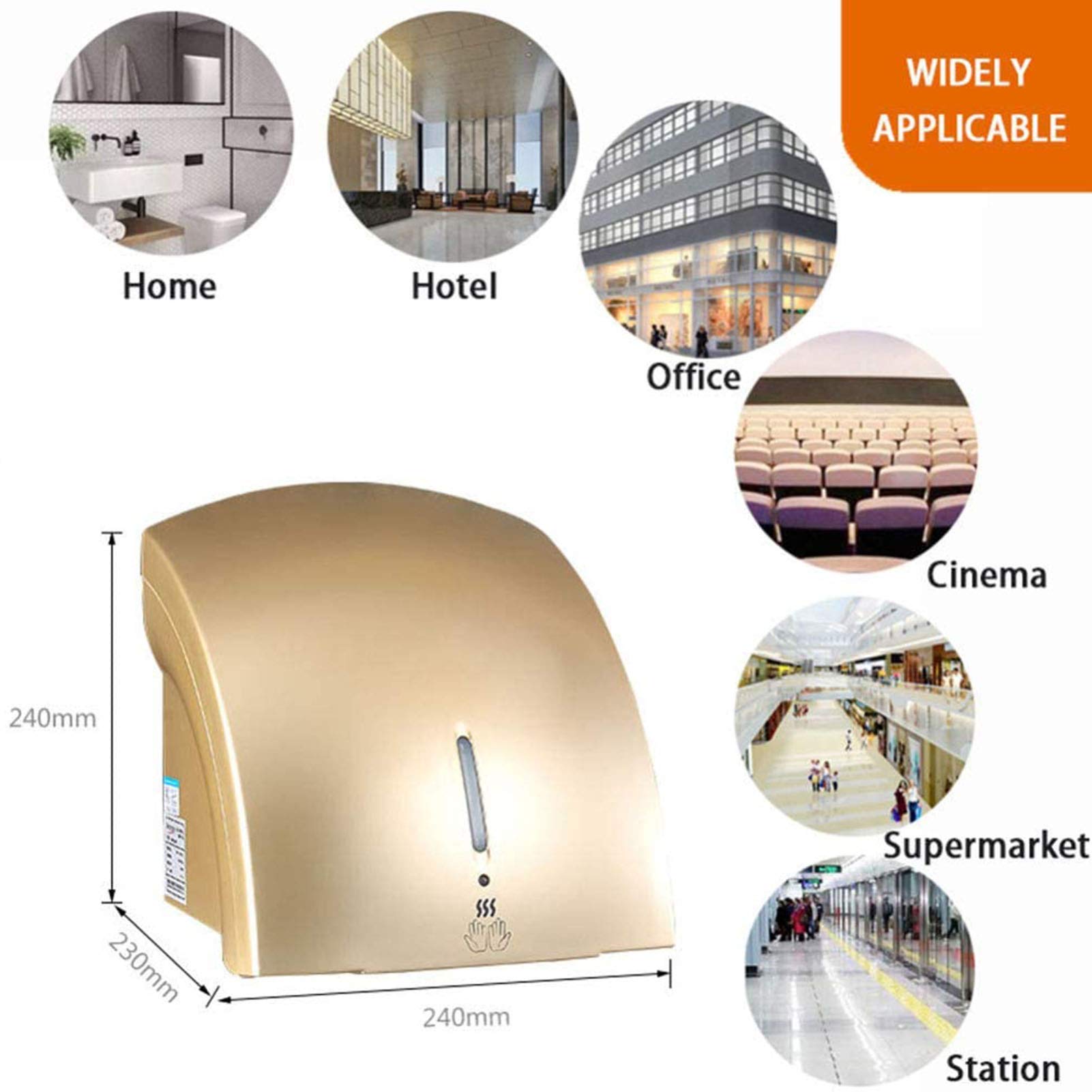 Professionale Asciugamani ad Aria Automatico Elettrico Alta velocità, a Parete, Asciugamani ad Aria in Coperchio ABS, Commerciale e Famiglia per Bagno,d'oro