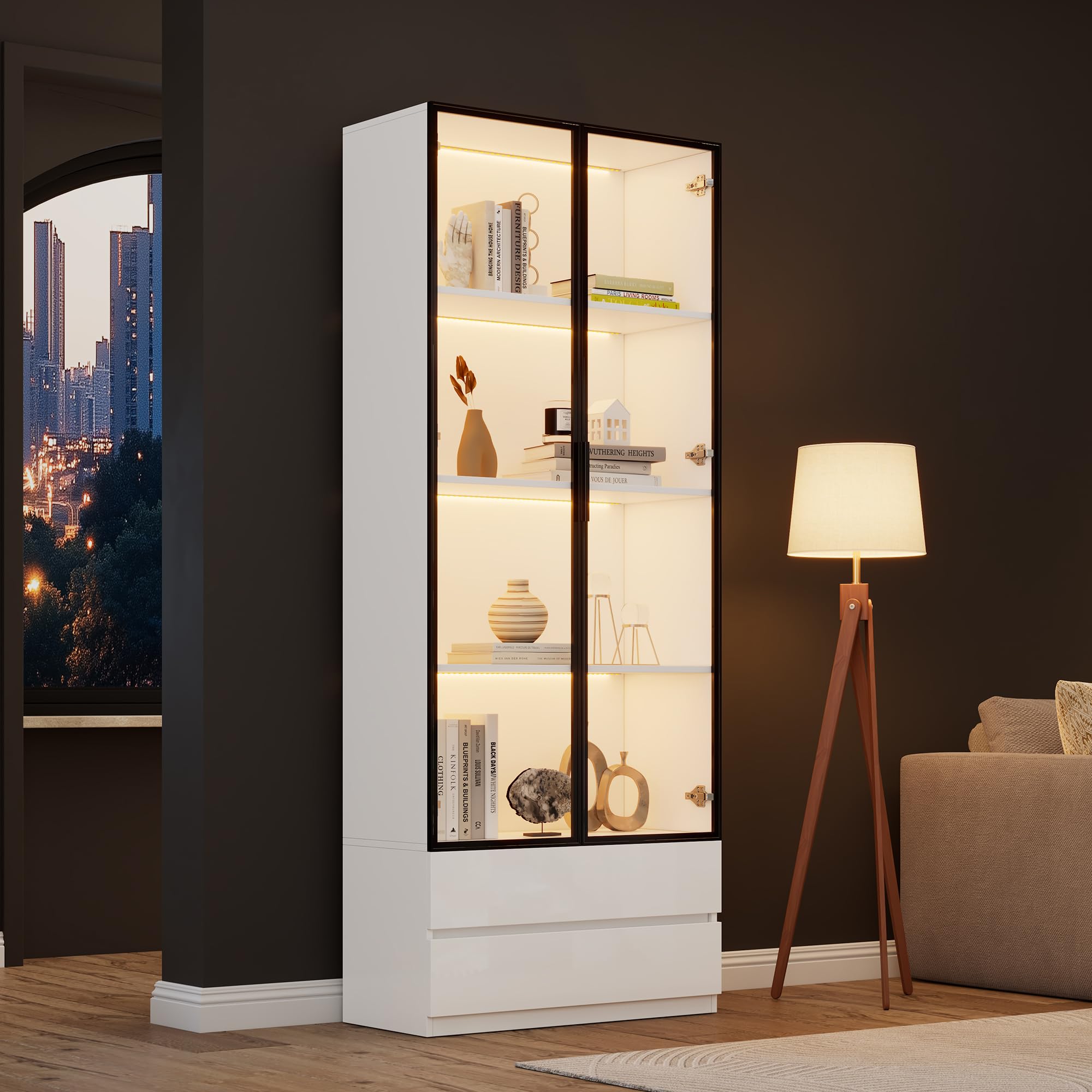 LAKFEW Vitrina con LED y Almacenaje, Vitrina Cristal con 2 Cajones y 2 Puertas de Cristal, Vitrina Expositora Mueble Salon para Despacho, Vitrinas para Salon, 80x34x200 cm, Blanco