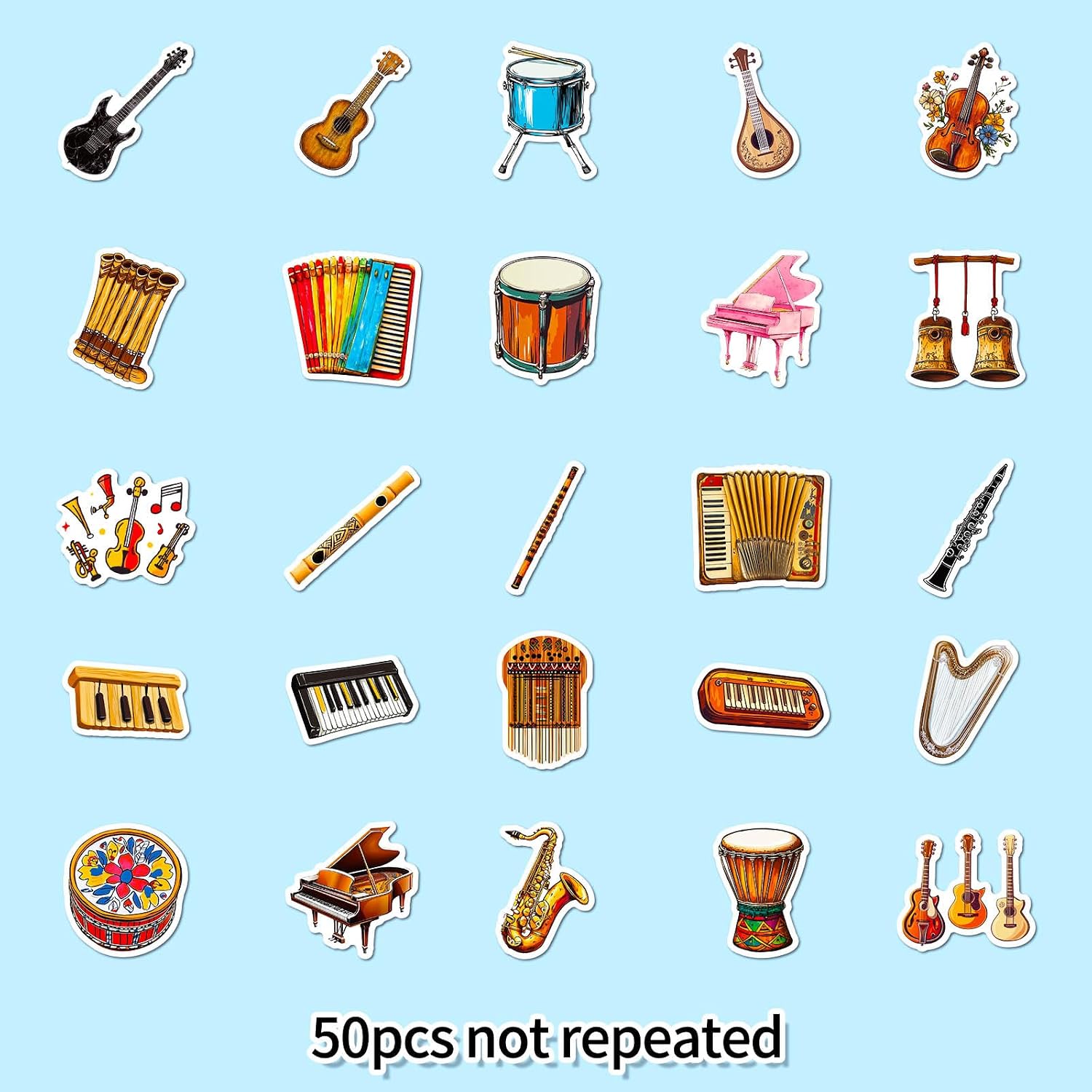 50PCS Musical Instruments Stickers Vinyl Cartoon Music Stickers Waterproof Instruments Sticker Classical Music Aesthetic Decals for Laptop Journaling Water Bottles Classroom image 2