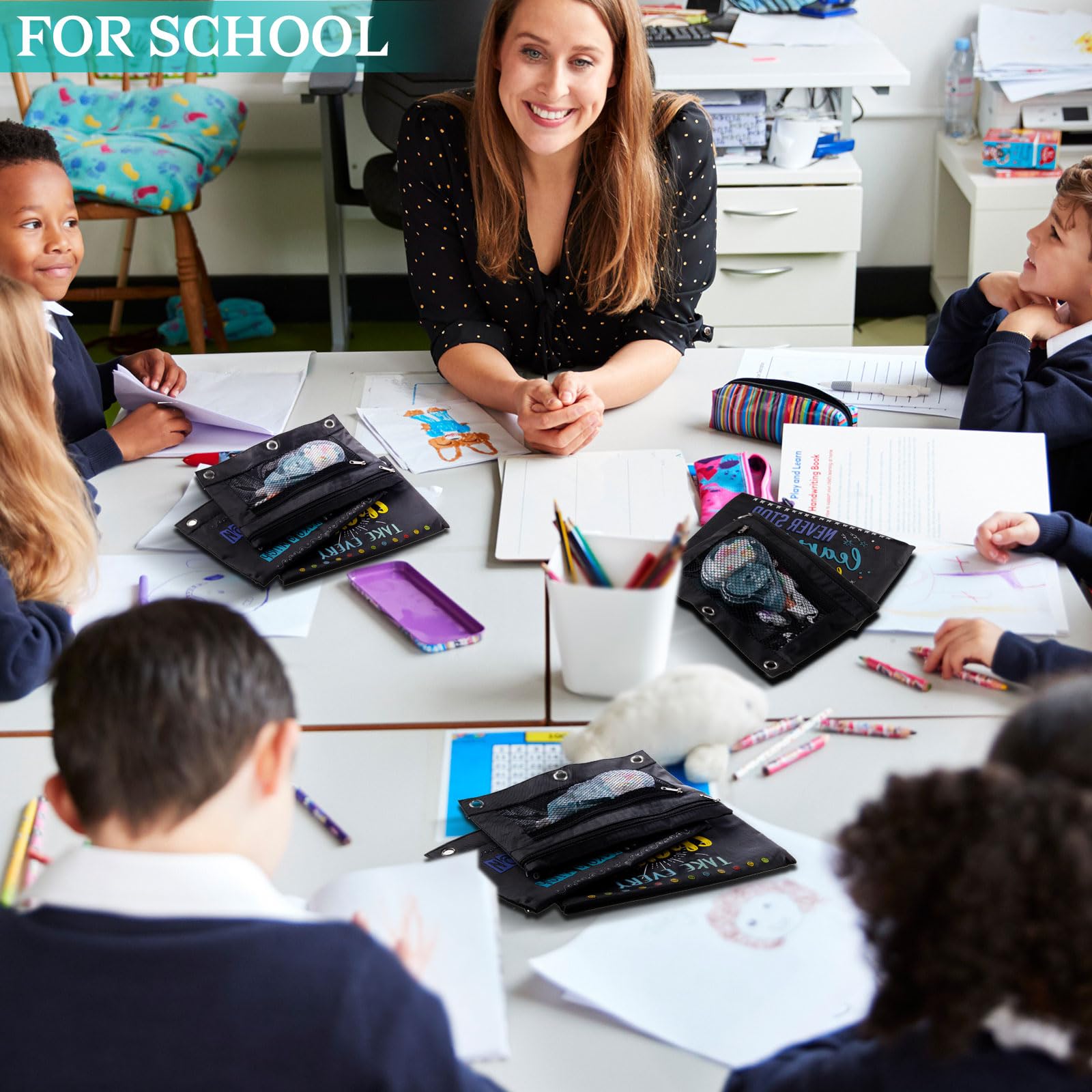 Honoson Estuche inspirador de 36 piezas para lápices con 3 anillos con cremallera doble para aula, estuche para lápices para escuela, aula, estudiantes, niños, oficina, suministros para el hogar