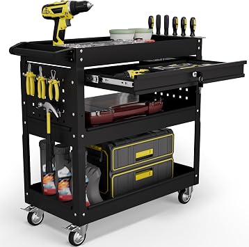 3 Tier Tool Cart on Wheels with Drawers - Three Tier Rolling Cart with Lockable Storage - Mechanic Tool Chest - Tool Chest with Wheels Used in Garage, Indoors, Workshop Black
