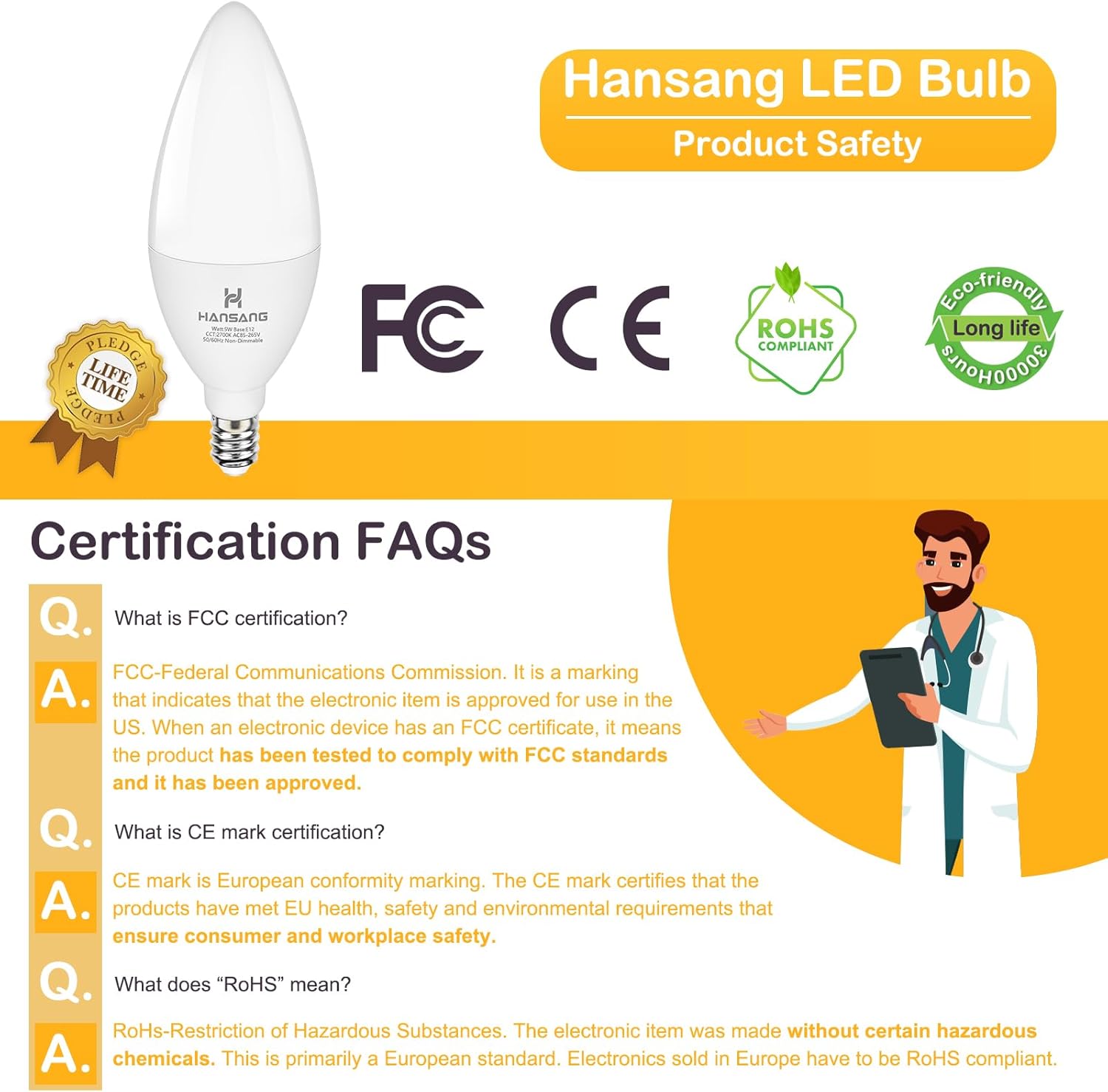 hansang E12 Candelabra LED Bulbs 2700K Warm White, 60Watt Equivalent, Type B Light Bulb for Chandelier, 5W B11 Ceiling Fan Light Bulbs Small Base, 500LM, 120V, Non-dimmable, 4 Pack