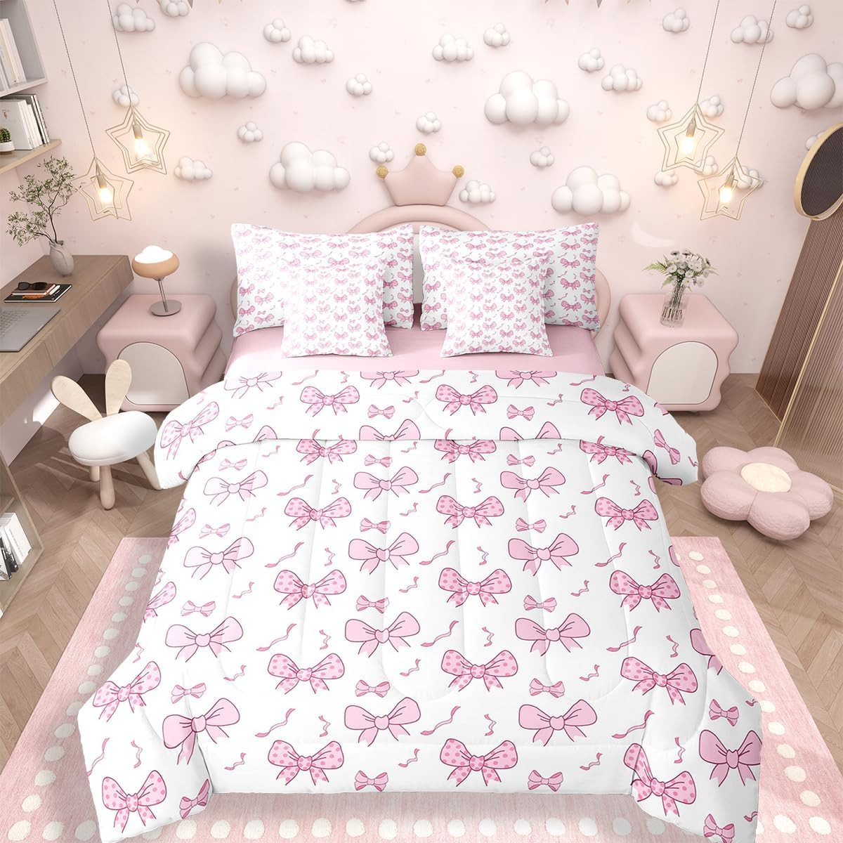 Erosebridal Bow Floral Bedding Sets Girls Kawaii Bow Tie Comforter Set 7 Piece Bed in A Bag Twin,Cute Princess Dreamy Bows Comforter and Sheets Simple Cute Aesthetic Bedroom Decor