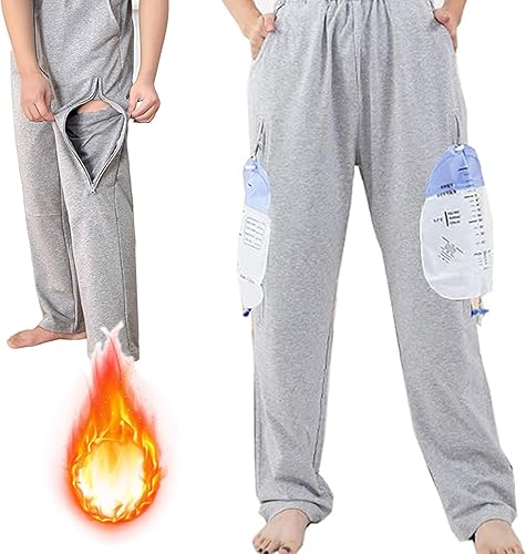 Pantalones con forro polar para bolsa de orina de invierno con bolsillos con cremallera, pantalones de catéter para incontinencia, pantalones para