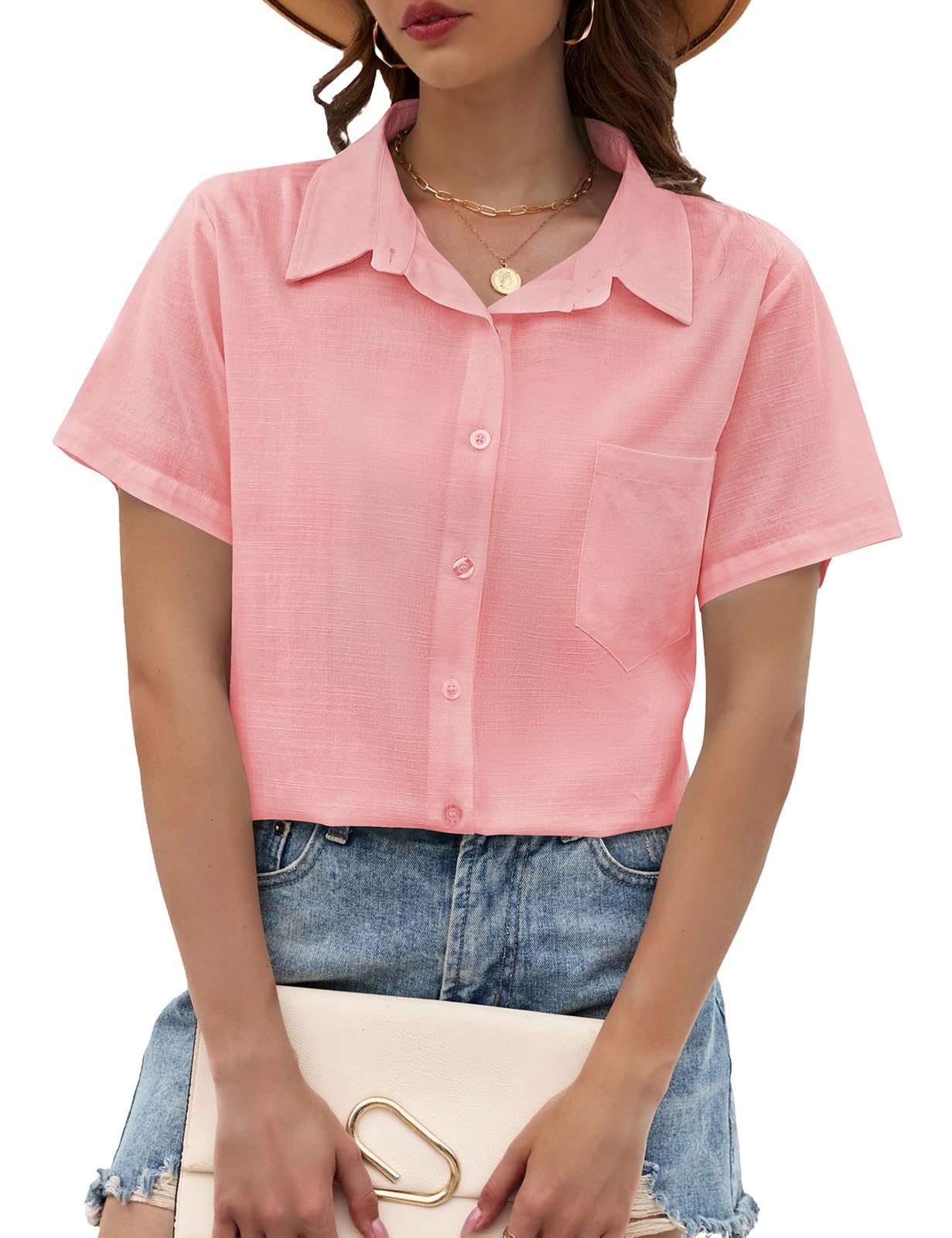 PASUDA Camicia Donna Estiva Blusa Elegante Manica Corta Cotone Lino Camicetta da Donna Maglia Estive Maglietta Casual Scollo a V con Bottoni T Shirt Tinta Unita Classico Tops
