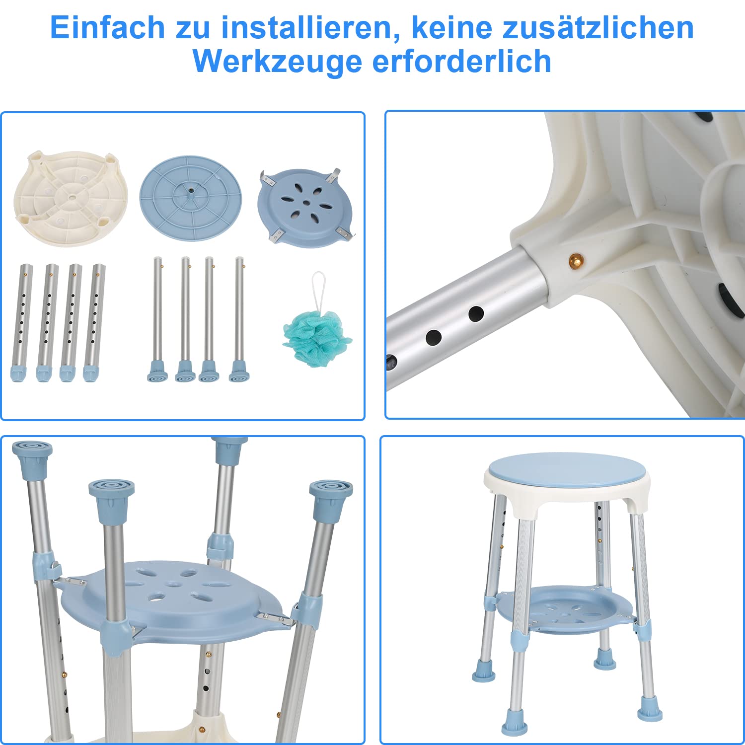 Taburete de Ducha, Silla de Ducha Giratoria 360° con Paletas y Bola de Baño, Altura Ajustable 42-54 cm Taburete, Ayuda para la Ducha, Asiento de Ducha para Ancianos y Mujeres Embarazadas