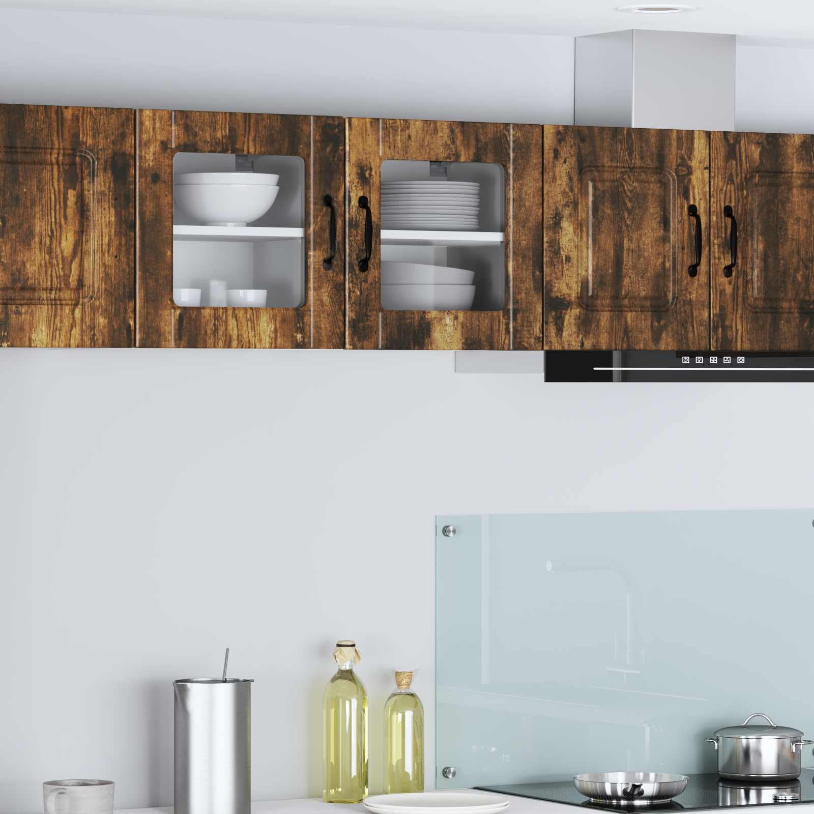 Armadietto da parete in vetro Porto, rovere affumicato, 40 x 31 x 40 cm, moderno mobile da cucina da parete in legno, molto spazio, elegante, robusto, per cucina e dispensa