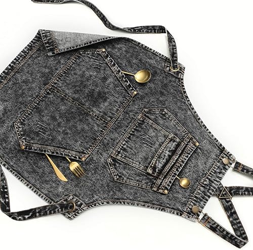 Miniatura 5 de Jeanerlor - Delantal de trabajo de artista de mezclilla de algodón con bolsillos, correas cruzadas y ajustable, Negro