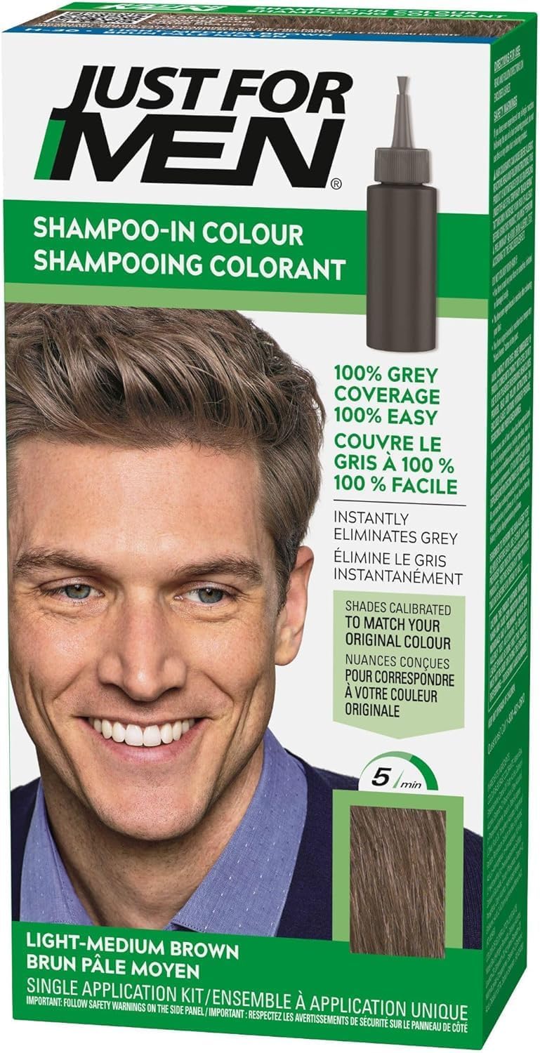 Just For Men Teinture Cheveux Homme, Coloration Semi-Permanente pour Homme, Sans Ammoniaque, avec Kératine et Vitamine E pour des Cheveux Forts, Coloration Châtain Moyen Clair, H30
