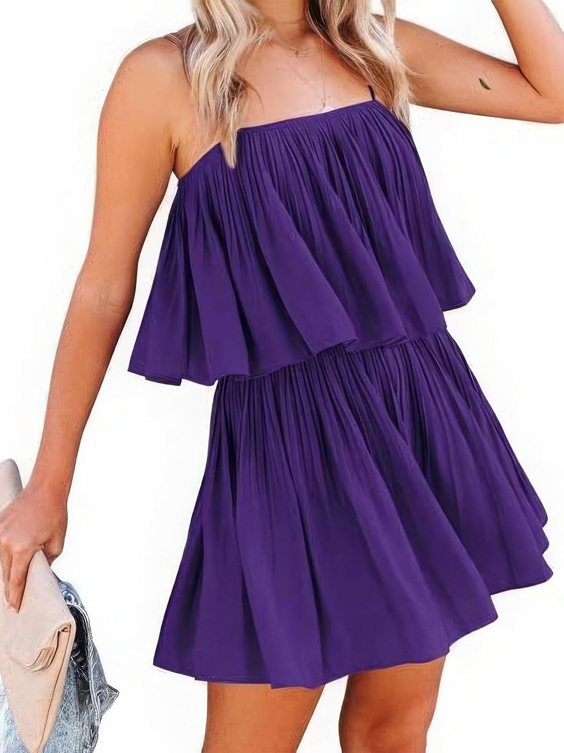 ebossy Women's Summer Trendy Spaghetti Strap Flowy Romper Dress Elastic Waist Ruffle Pleated Overall Shorts Jumpsuits