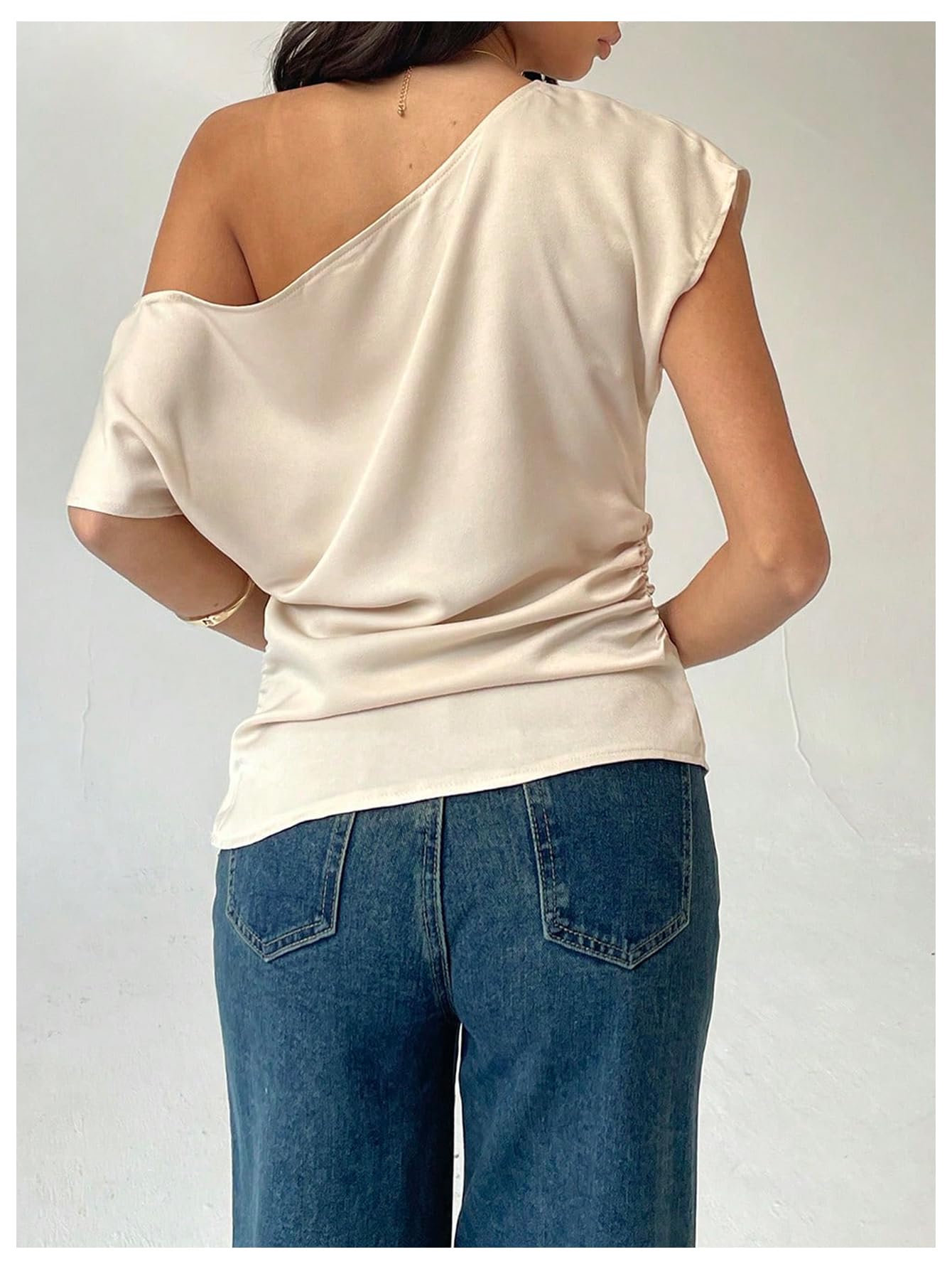 Floerns Women's Elegant Off The Shoulder Shirts Ruched Short Sleeve Dressy Casual Blouses