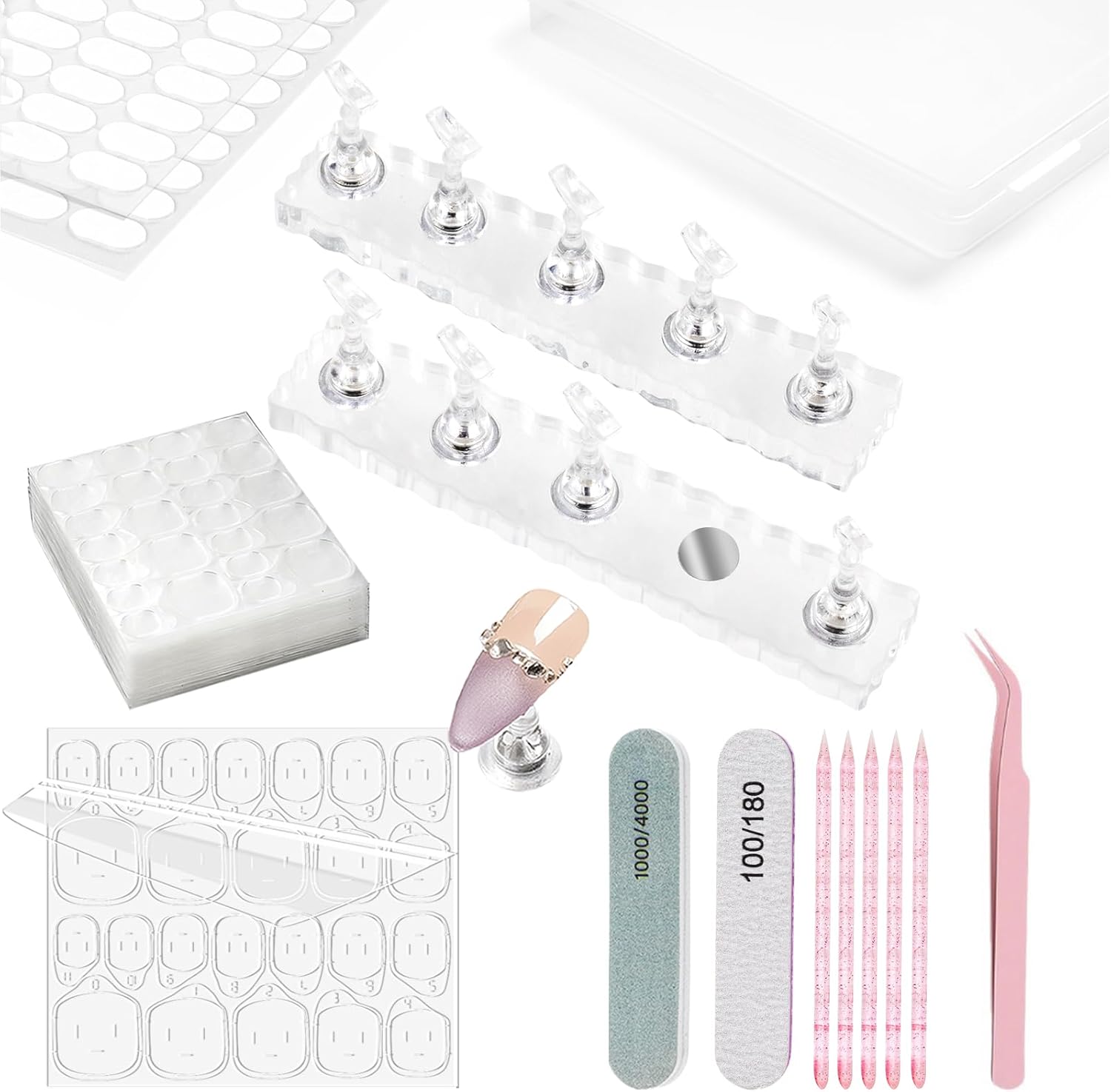 Nail Stand with 480 Pcs Nails Sticky Tabs for Press On Display Practice Magnetic Fake Nail Holder for Painting,20 Sheets Nail AdhesiveTabs,Double-Sided Tape,Press On Nail kit Salon Home