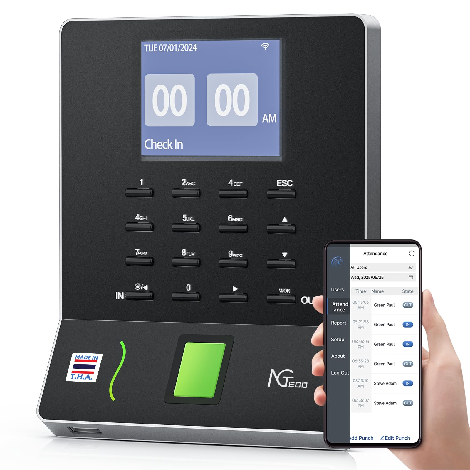 NGTeco APP Time Clock Fingerprint PIN Times Clock for Small Business Biometric Clocks in Machine for Employees with