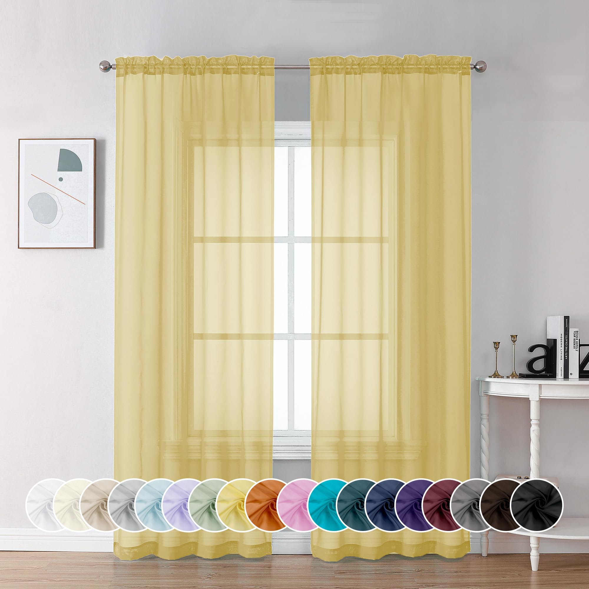 Chyhomenyc Mustard Yellow Sheer Curtains 72 Inches Long, Light Filtering Window Sheer Curtain Panel Drapes, Elegant Curtains & Drapes for French Door