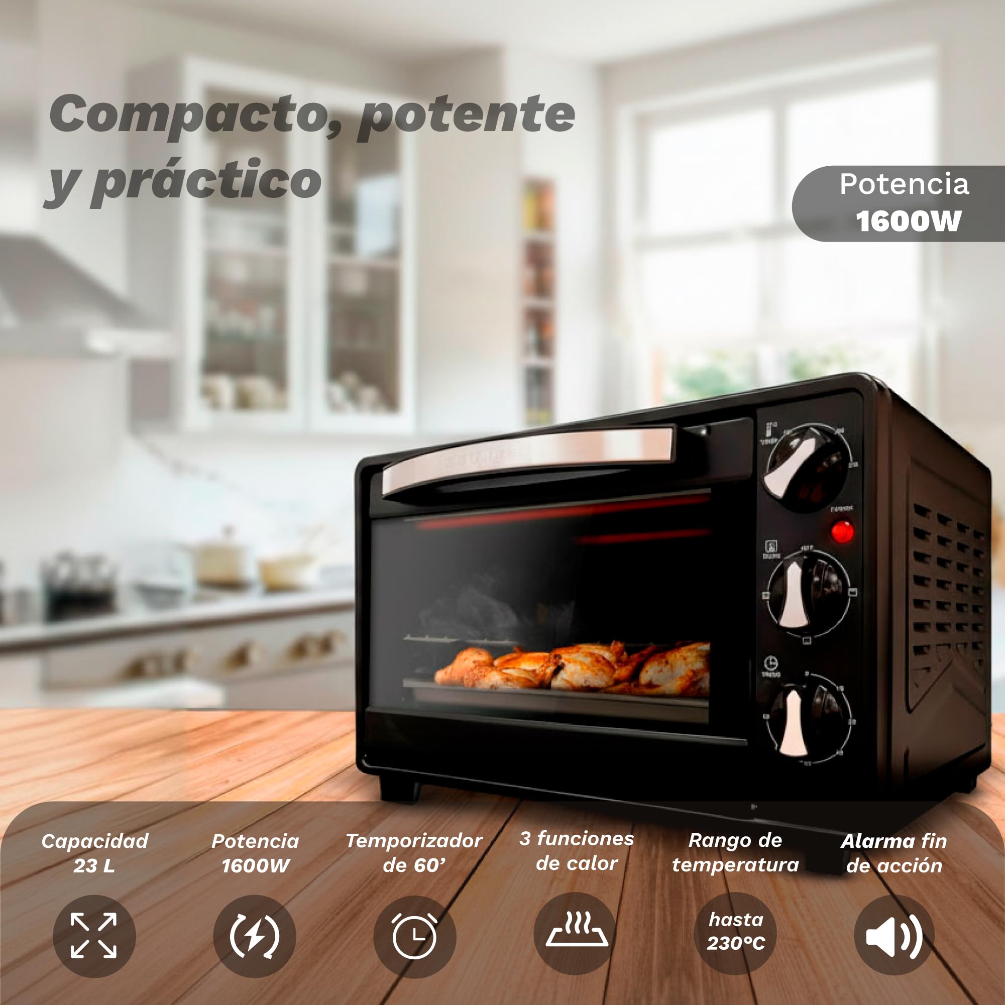 Grunkel - Horno eléctrico multifunción de sobremesa de 23l con 3 funciones de calor y selector de temperatura hasta 230°C. Temporizador hasta 60 min - 1600W (Negro) (HR-23HN)