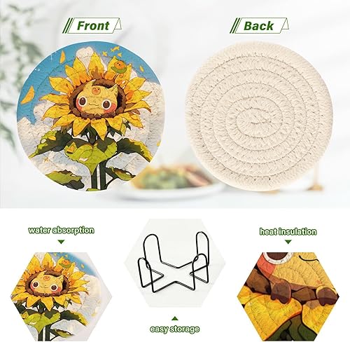 Miniatura 4 de Sunflower Blue Yellow Cotton Rope Coasters 4 Inch Holder Set of 6 Absorbent Absorbent Coasters for Drinks Housewarming Gift Home Decor