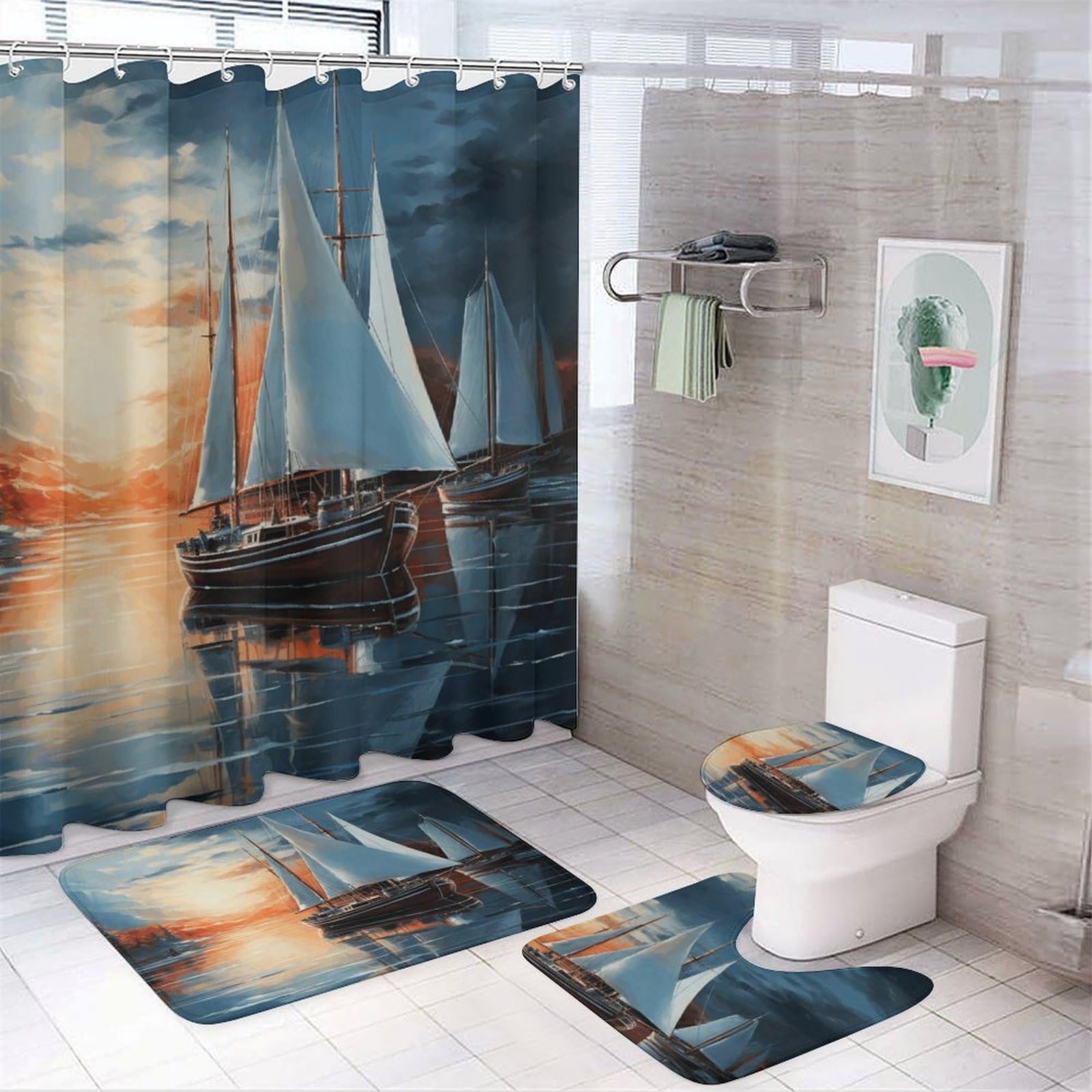 Ensemble de salle de bain anti-éclaboussures 4 pièces avec tapis antidérapants et rideau