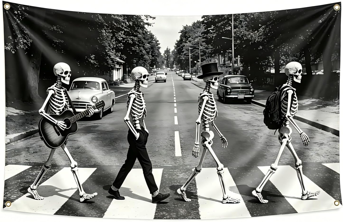 Skeleton Band Crossing Street Tapestry, Music Theme Flag, 3X5 Feet | Music Theme, Wall Hanging Flag